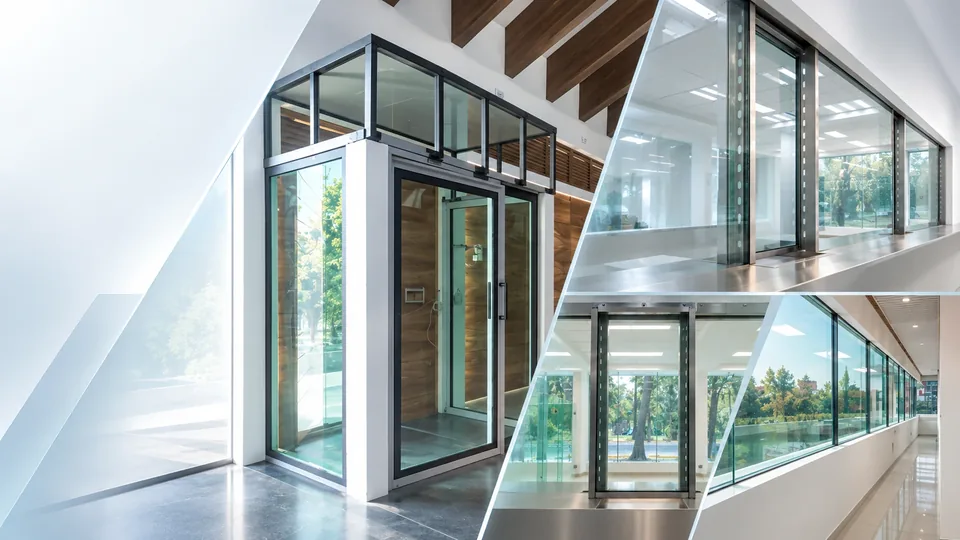 Composite image of glazed entrances and windows for architectural applications.