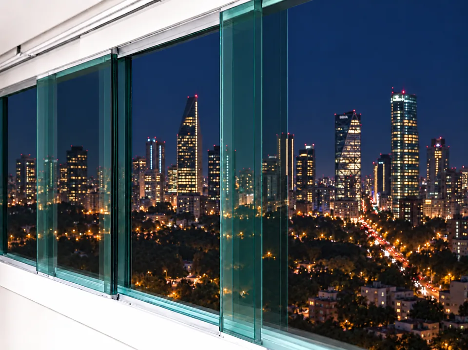 Architectural armored-glass with polished edges against a nighttime city backdrop.