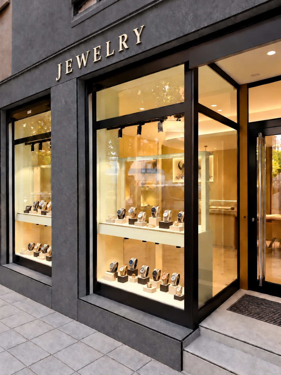 Jewelry display with watches behind glass panels; retouched image.