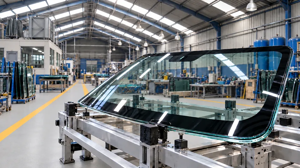 Conceptual illustration of laminated automotive glass on a manufacturing fixture inside a factory.