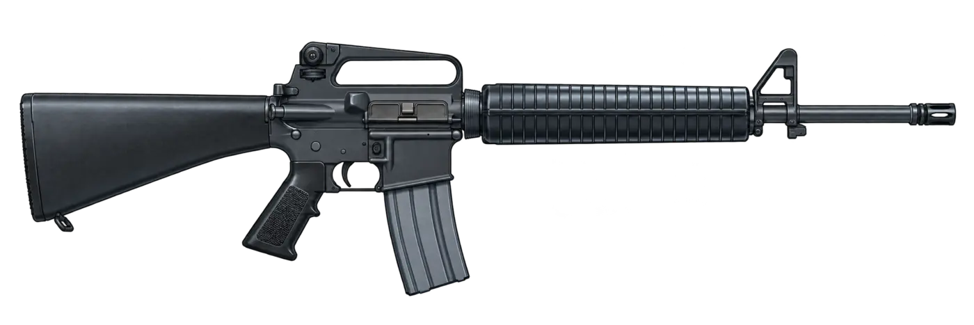 Illustration of a 5.56 × 45 mm AR-15 rifle pointing to the right