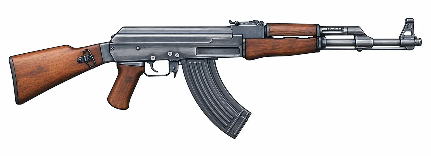 Illustration of a 7.62 × 39 mm AK-47 rifle pointing to the right