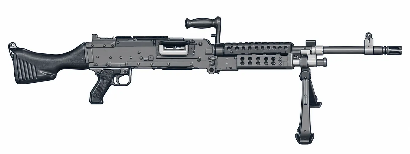 Illustration of an M240 machine gun, the US version of the FN MAG, pointing to the right